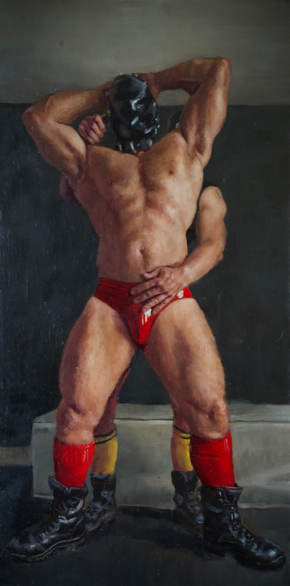 Oil painting by Orpheus of a muscular figure in red underwear and boots against a dark background.